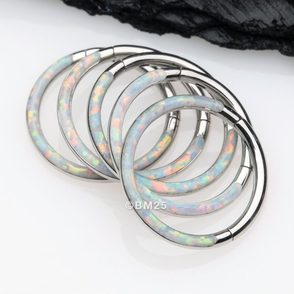 Brilliant Fire Opal Lined Front Facing Seamless Clicker Hoop Ring - White - Picture 3 of 3